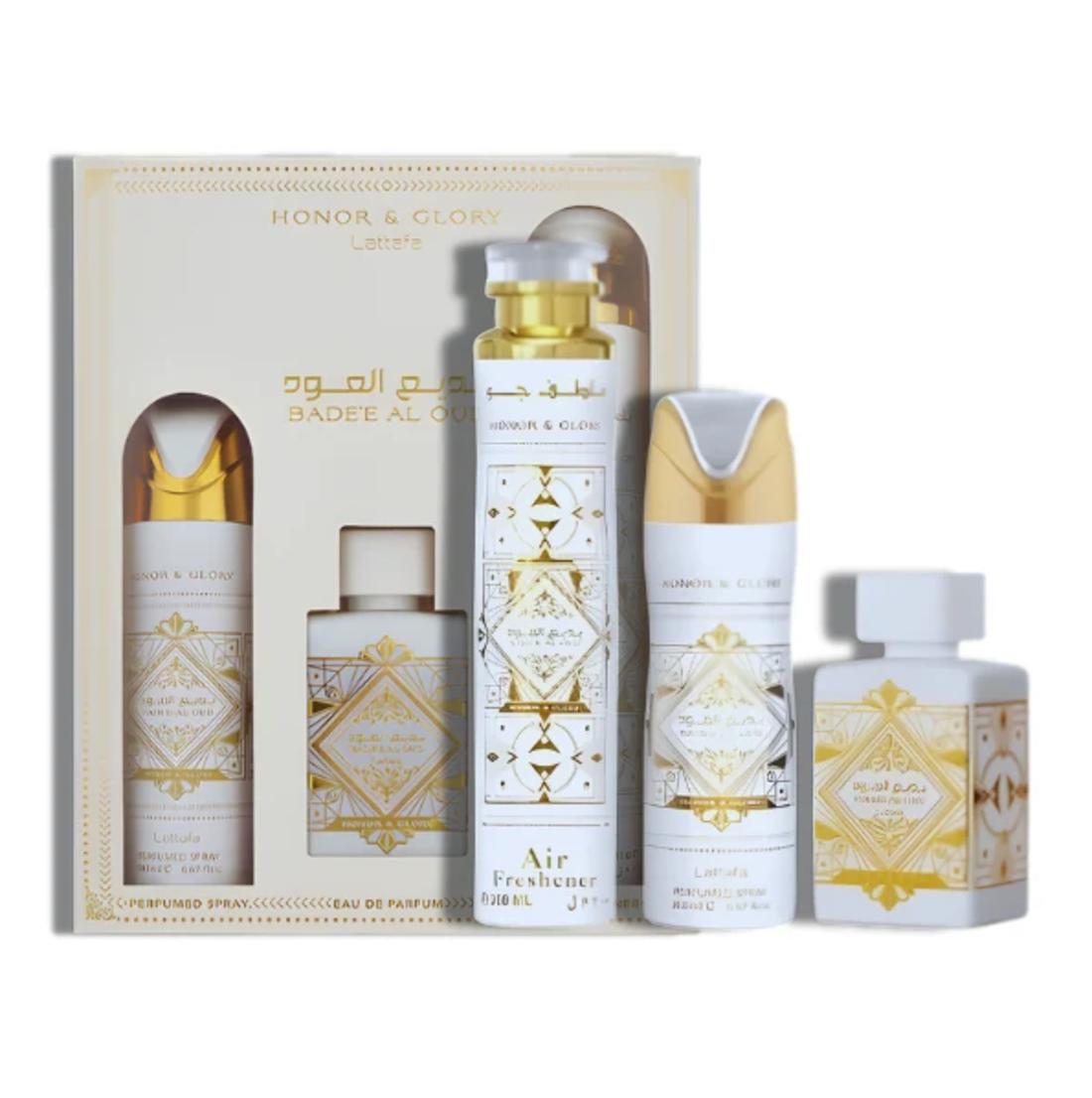Lattafa Set de Regalo 3 Piezas Badee Al Oud Honor & Glory para Hombres y Mujeres Fragancia Elegante y Versátil