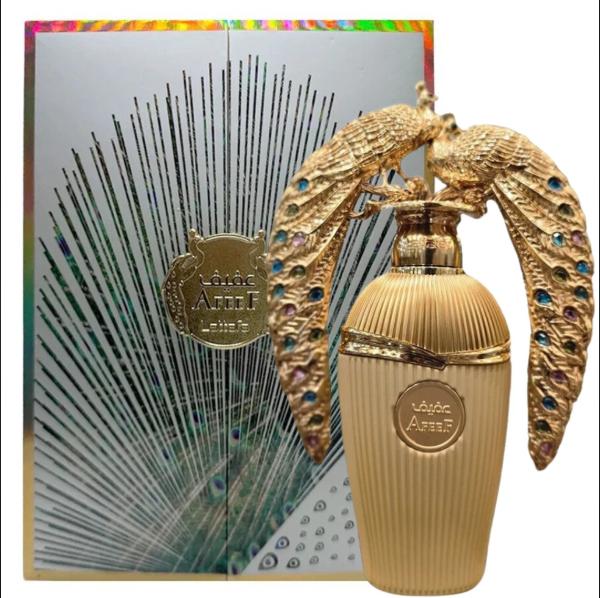 Lattafa Perfume Afeef EDP para Mujeres 100 ml Diseño de Pavo Real Dorado y Detalles de Piedras