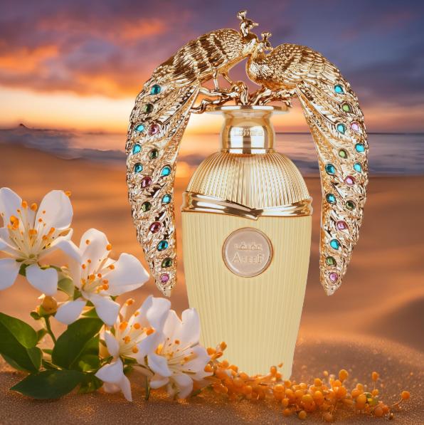 Lattafa Perfume Afeef EDP para Mujeres 100 ml Diseño de Pavo Real Dorado y Detalles de Piedras