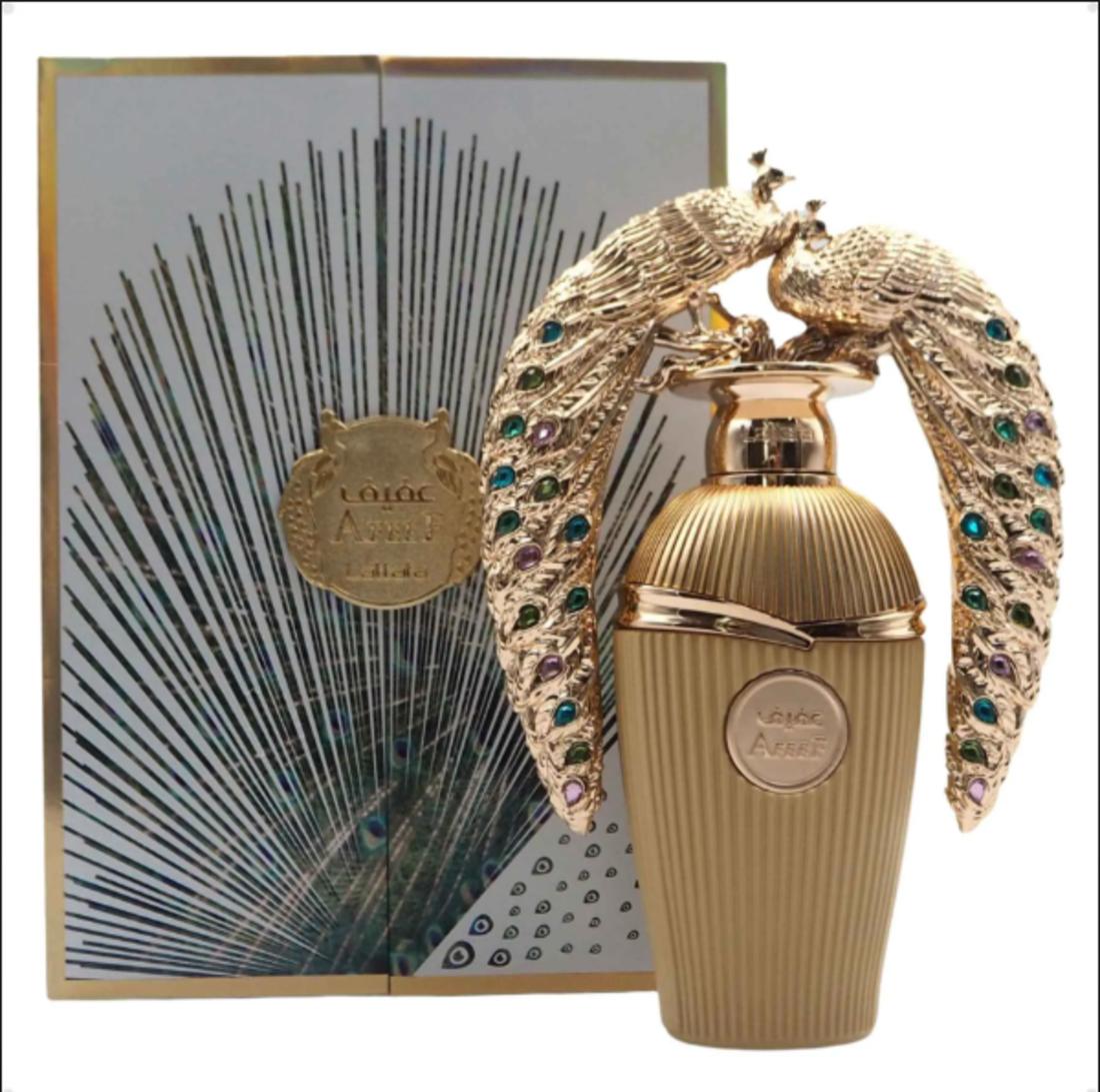 Lattafa Perfume Afeef EDP para Mujeres 100 ml Diseño de Pavo Real Dorado y Detalles de Piedras