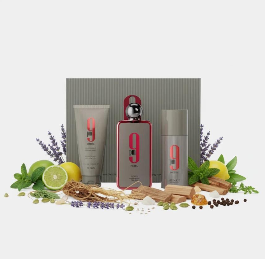 Afnan Set de Regalo Perfume 9 PM Rebel para Hombres con Gel de Ducha y Desodorante 150ml