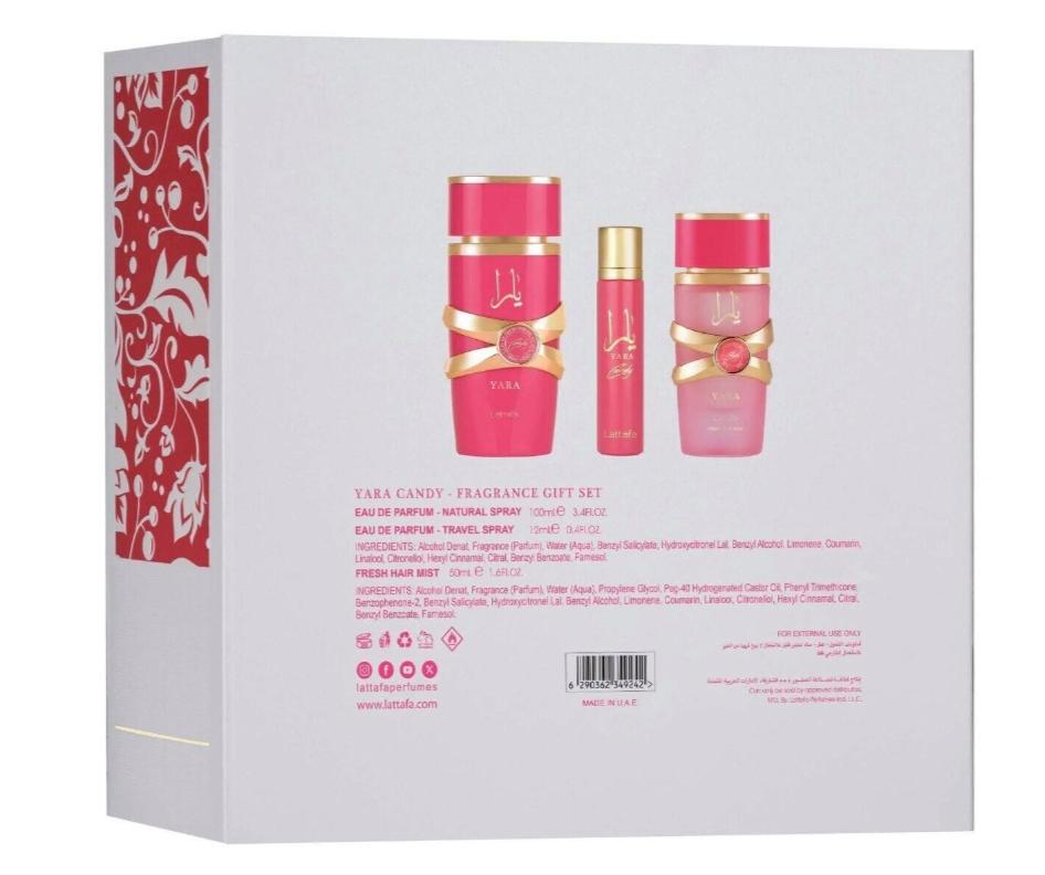 Lattafa Set de Regalo 3 Piezas Yara Candy Perfume para Mujer Fragancia Elegante y Atractiva