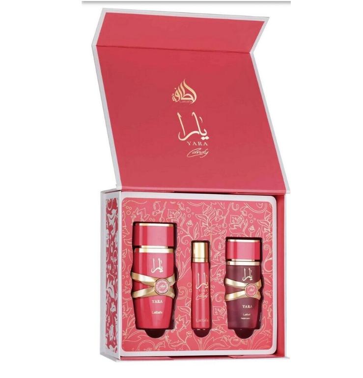 Lattafa Set de Regalo 3 Piezas Yara Candy Perfume para Mujer Fragancia Elegante y Atractiva