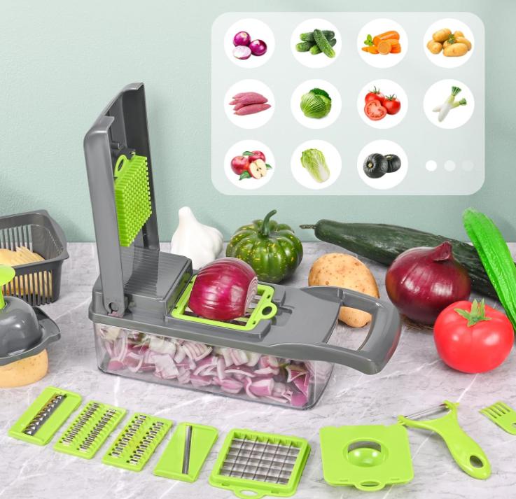 Multifuncional Cortador Verduras，16 En 1ortadora de Verduras Acero Inoxidable, Mandolina de Cocina Profesional con 7 Cuchillas, Picador de Verduras para