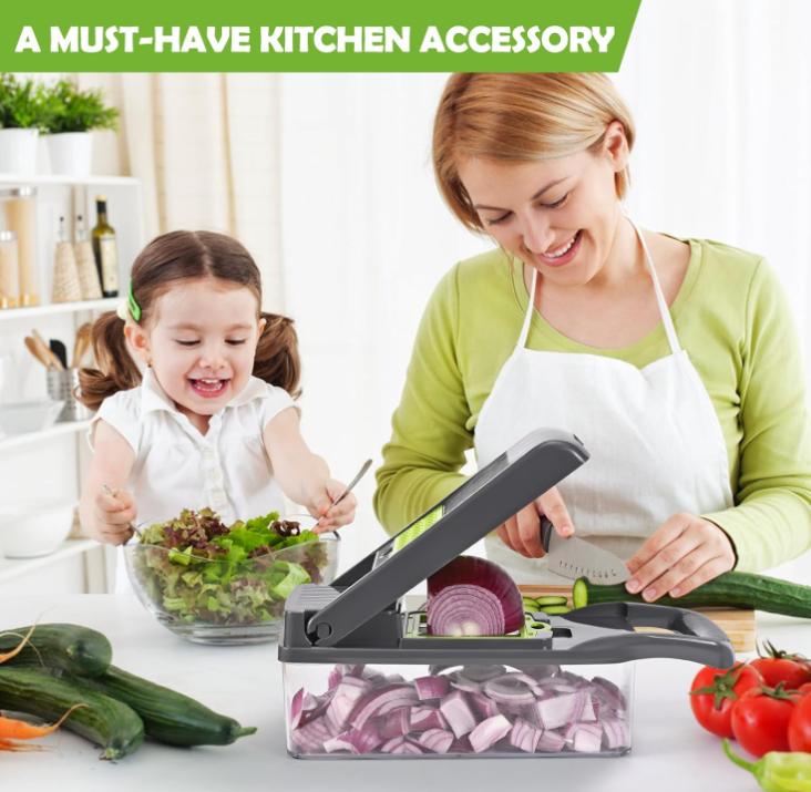 Multifuncional Cortador Verduras，16 En 1ortadora de Verduras Acero Inoxidable, Mandolina de Cocina Profesional con 7 Cuchillas, Picador de Verduras para