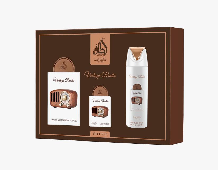 Lattafa Set de Regalo Perfume Vintage Radio para Hombres y Mujeres 100ml Eau de Parfum y 3.4 fl oz Perfume Spray