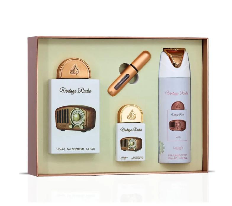 Lattafa Set de Regalo Perfume Vintage Radio para Hombres y Mujeres 100ml Eau de Parfum y 3.4 fl oz Perfume Spray