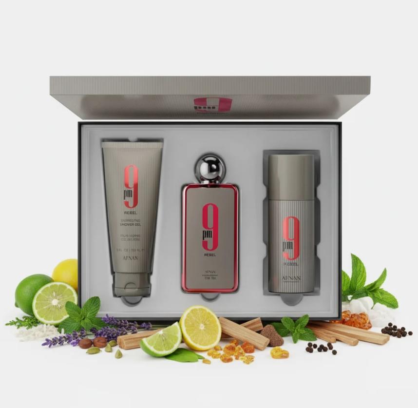 Afnan Set de Regalo Perfume 9 PM Rebel para Hombres con Gel de Ducha y Desodorante 150ml