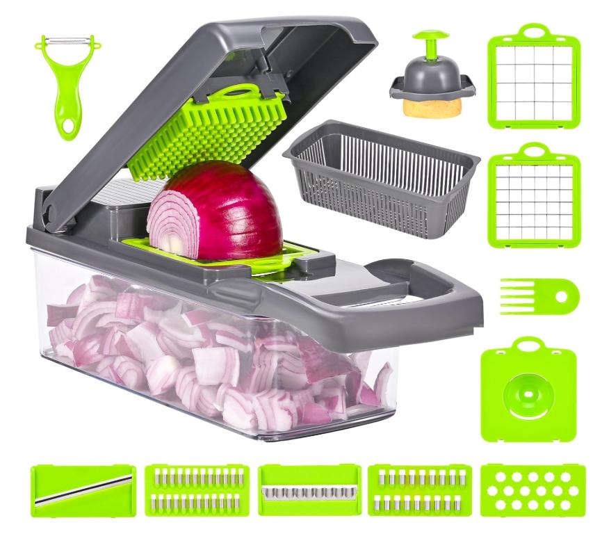 Multifuncional Cortador Verduras，16 En 1ortadora de Verduras Acero Inoxidable, Mandolina de Cocina Profesional con 7 Cuchillas, Picador de Verduras para
