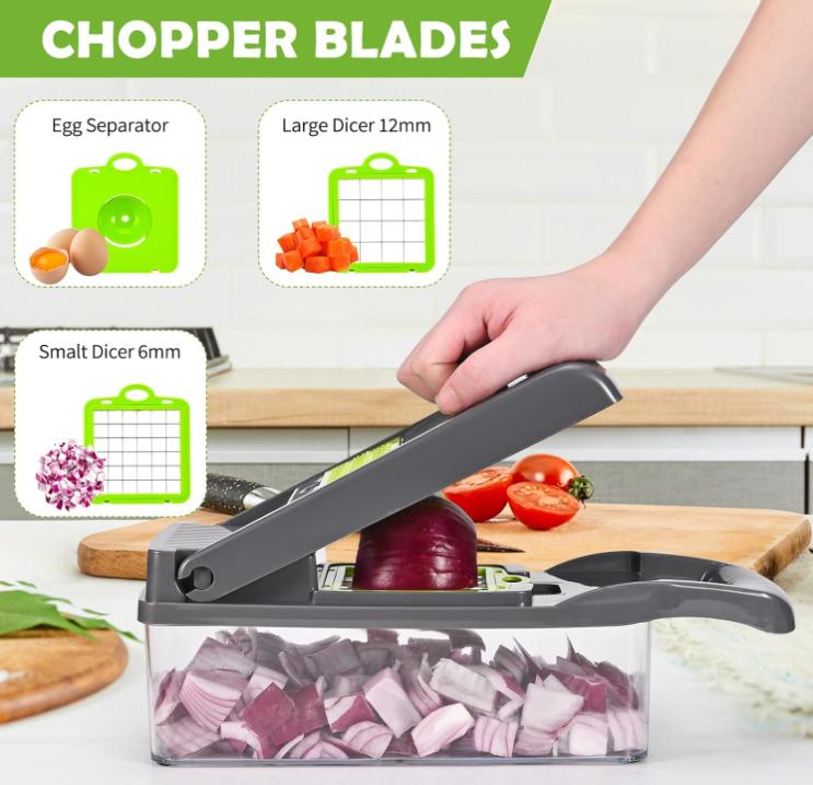 Multifuncional Cortador Verduras，16 En 1ortadora de Verduras Acero Inoxidable, Mandolina de Cocina Profesional con 7 Cuchillas, Picador de Verduras para