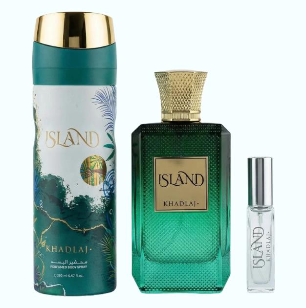 Khadlaj Set de Regalo ExDP Island para Hombres y Mujeres con Extracto de Perfume y Body Spray de Calidad Superior