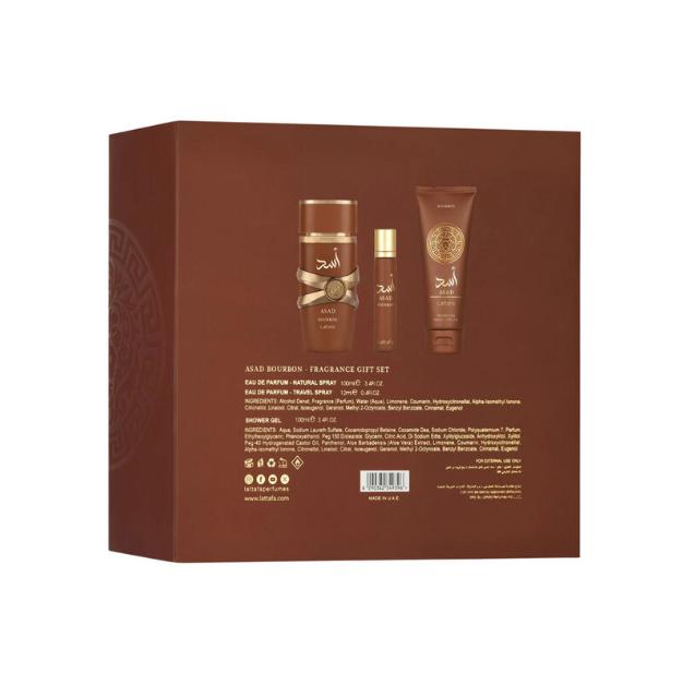 Lattafa Set de Regalo de 3 Piezas Perfume Asad Bourbon para Hombres Fragancia Elegante y Aromática