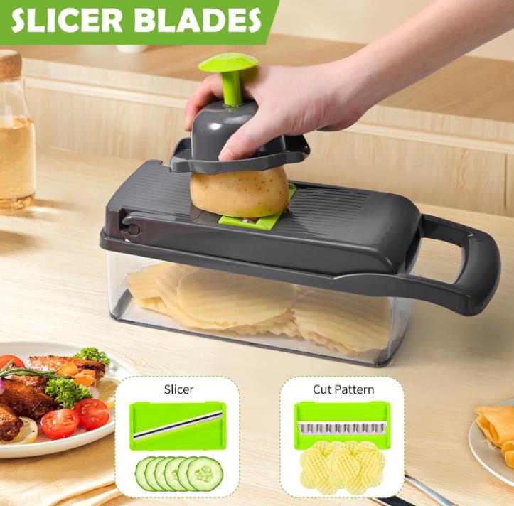 Multifuncional Cortador Verduras，16 En 1ortadora de Verduras Acero Inoxidable, Mandolina de Cocina Profesional con 7 Cuchillas, Picador de Verduras para