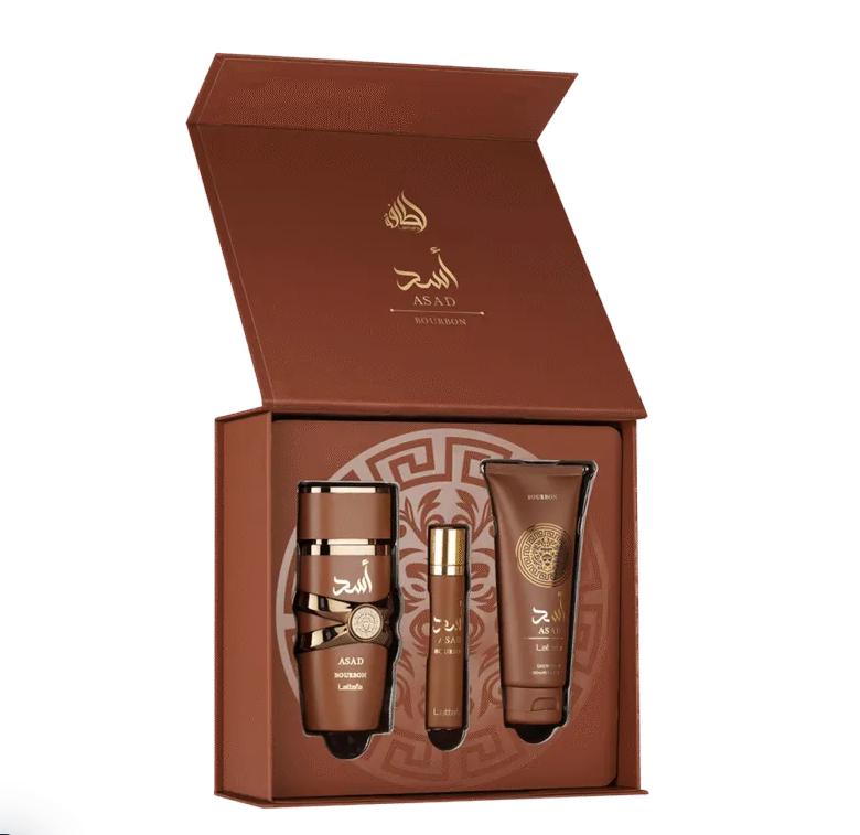 Lattafa Set de Regalo de 3 Piezas Perfume Asad Bourbon para Hombres Fragancia Elegante y Aromática