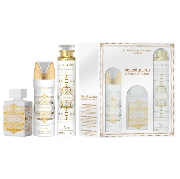 Lattafa Set de Regalo 3 Piezas Badee Al Oud Honor & Glory para Hombres y Mujeres Fragancia Elegante y Versátil