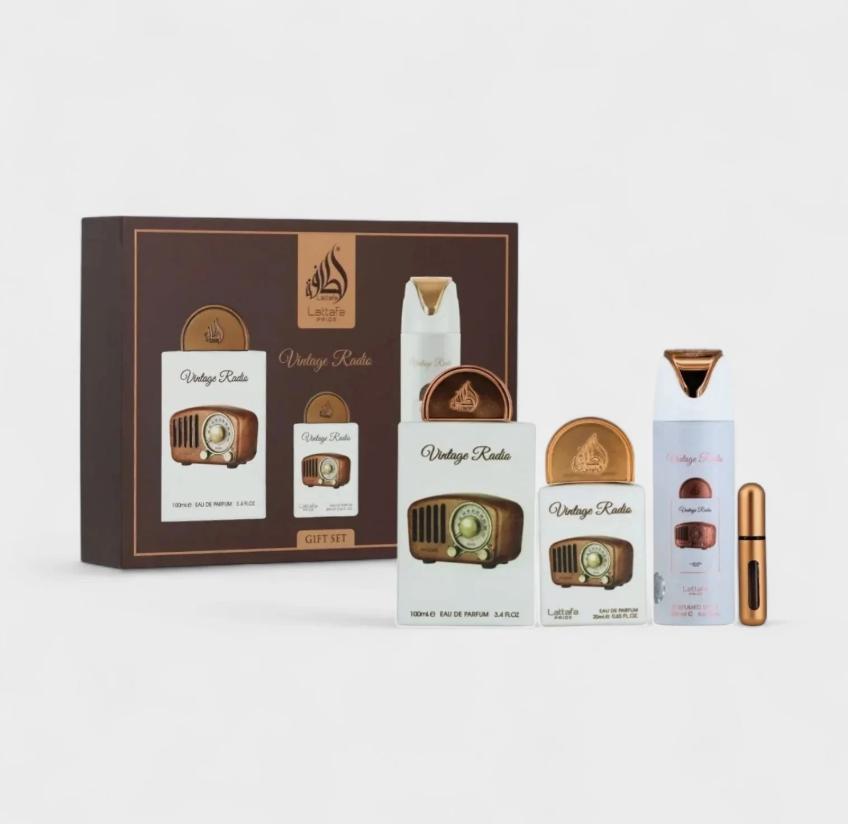 Lattafa Set de Regalo Perfume Vintage Radio para Hombres y Mujeres 100ml Eau de Parfum y 3.4 fl oz Perfume Spray