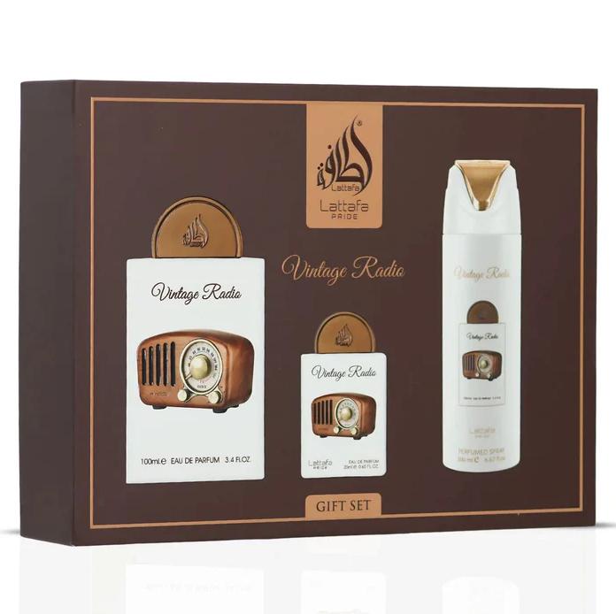 Lattafa Set de Regalo Perfume Vintage Radio para Hombres y Mujeres 100ml Eau de Parfum y 3.4 fl oz Perfume Spray
