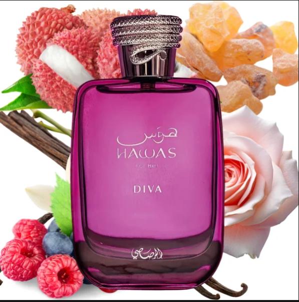 Rasasi Perfume Hawas for Her Diva EDP para mujeres de 100 ml Fragancia elegante y sofisticada para ocasiones especiales