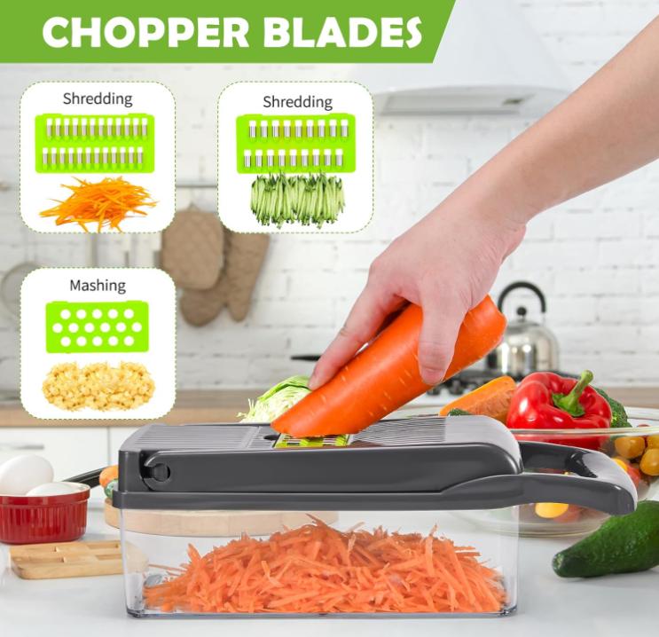 Multifuncional Cortador Verduras，16 En 1ortadora de Verduras Acero Inoxidable, Mandolina de Cocina Profesional con 7 Cuchillas, Picador de Verduras para