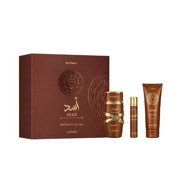 Lattafa Set de Regalo de 3 Piezas Perfume Asad Bourbon para Hombres Fragancia Elegante y Aromática